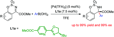 Graphical abstract: Pd(ii)-catalyzed asymmetric addition of arylboronic acids to cyclic N-sulfonyl ketimine esters and a DFT study of its mechanism