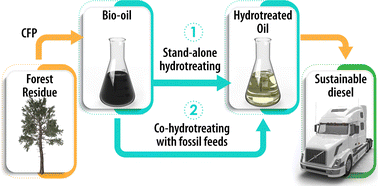 Graphical abstract: Diesel production via standalone and co-hydrotreating of catalytic fast pyrolysis oil