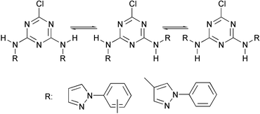 Graphical abstract: Synthesis, structural determination and dynamic behavior of 2-chloro-4,6-bis(pyrazolylamino)-1,3,5-triazines