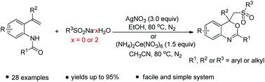 Graphical abstract: Silver or cerium-promoted free radical cascade difunctionalization of o-vinylanilides with sodium aryl- or alkylsulfinates