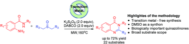 Graphical abstract: Transition metal-free synthesis of quinazolinones using dimethyl sulfoxide as a synthon