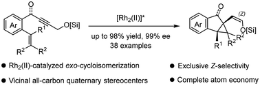 Graphical abstract: Dirhodium(ii)-catalyzed regio- and stereoselective cycloisomerization towards 6,5,3-tricyclic skeletons containing vicinal all-carbon quaternary stereocenters