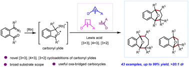 Graphical abstract: Synthesis of oxa-bridged carbocycles via rhodium/Lewis acid catalyzed [3 + 3] and [4 + 3] cycloadditions of carbonyl ylides with donor–acceptor strained carbocycles