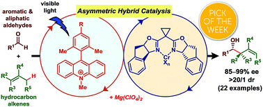 Graphical abstract: Catalytic asymmetric allylation of aldehydes with alkenes through allylic C(sp3)–H functionalization mediated by organophotoredox and chiral chromium hybrid catalysis