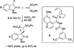 Graphical abstract: Enantioselective conjugate addition of 3-fluoro-oxindoles to vinyl sulfone: an organocatalytic access to chiral 3-fluoro-3-substituted oxindoles