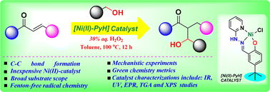 Graphical abstract: Nickel(ii)-hydrazineylpyridine catalyzed regioselective synthesis of α-benzyl substituted β-hydroxy ketones via a Fenton free radical reaction