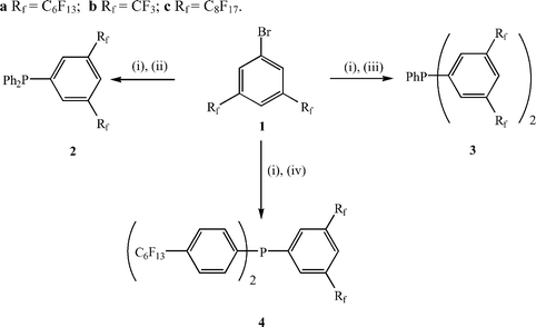 (i)
n-BuLi, ether; (ii) Ph2PCl; (iii) PhPCl2; (iv) ClP(C6H4-4-C6F13)2. (a) Rf
= C6F13; (b) Rf
= CF3; (c) Rf
= C8F17.