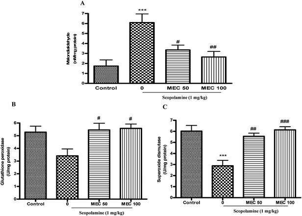 Effects of MEC (50 and 100 mg kg−1) treatment on the concentrations of MDA (A), the activities of GPx (B) and SOD (C) in scopolamine-induced memory deficit mice. ***P < 0.001, statistically different from control group. ###P < 0.001, ##P < 0.01, #P < 0.05 statistically different from scopolamine-treated group.