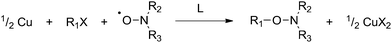 Copper metal-mediated reaction of alkyl halides with nitroxides (L = bipy or PMDETA).