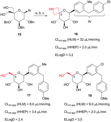 In vitro CLint app considerations. CLint app (HHEP) values are expressed per million cells. Reagents and conditions: (a) Tf2O (5 equiv.), pyridine (30 equiv.), CH2Cl2, −20 °C; (b) i-Pr2NEt (3 equiv.), BnNH2, 80 °C, (75%); (c) Pd black (7 equiv.), HCO2H, EtOH/THF (2/1 vol.), 23 °C, (63%).
