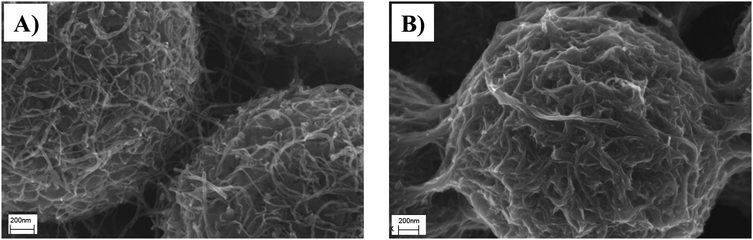 Scanning electron microscopy images of CNT-microspheres (A) and CNT-microspheres treated with DNA (B), both at 100 K magnification. CNT-microspheres were prepared at 0.1 mg 10â7 microspheres concentration.