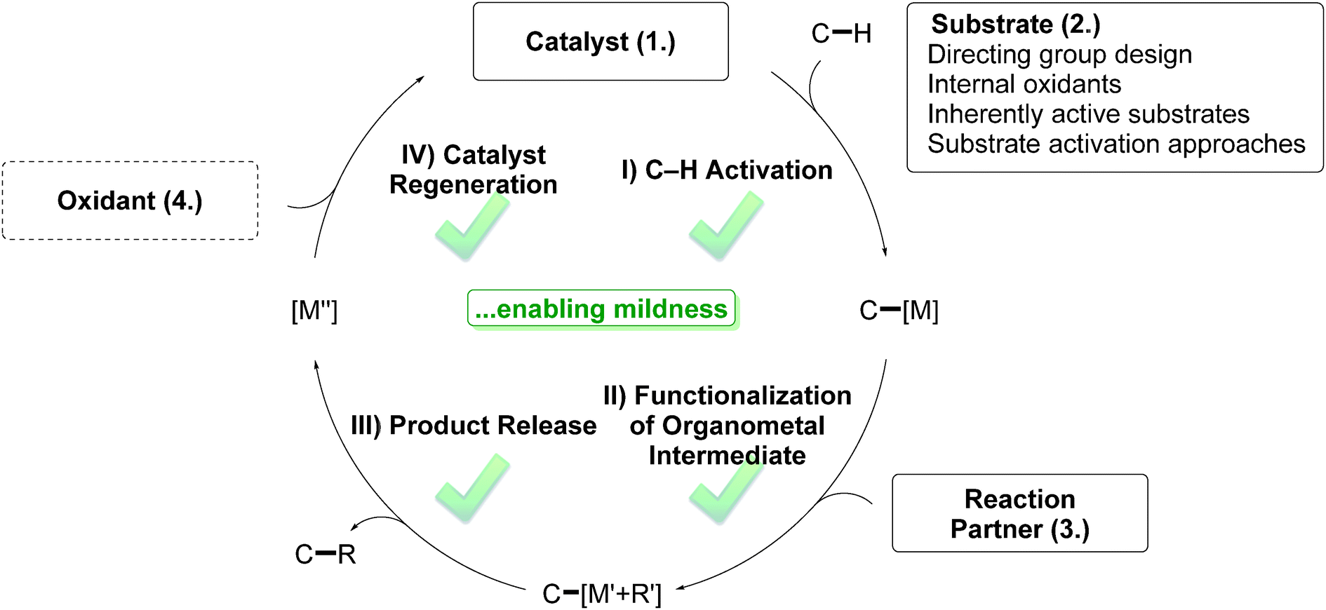 Scheme 1 Generalized mechanistic scheme for C–H activation catalysis and categorization of concepts enabling mildness.