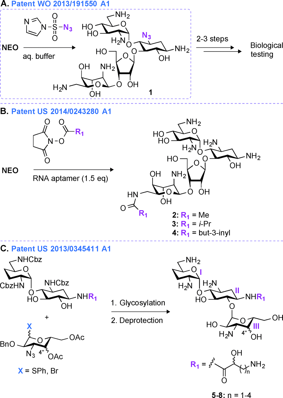 2 Representative scheme for the A. single-step C3-azide derivatization of AGs, B. single-step 6′′′-amide derivativation of AGs using RNA aptamers, and C. ...