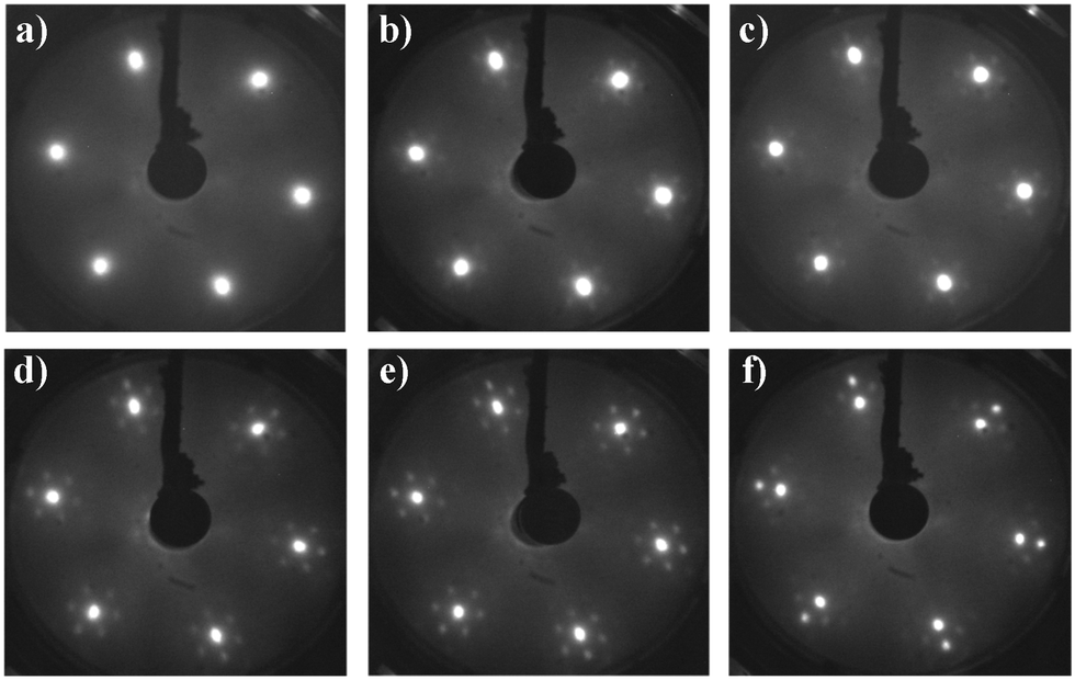 Unconventional Properties Of Nanometric Feo 111 Films On Ru 0001 Fig 5 Leed Patterns From Films Grown At 873 K With A Deposition Time Of 6 Min And Thicknesses 7 9 3 2 1 Nm E