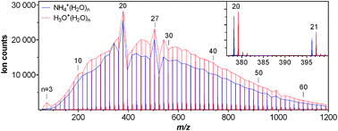 Graphical abstract: Isotope exchange and structural rearrangements in reactions between size-selected ionic water clusters, H3O+(H2O)n and NH4+(H2O)n, and D2O