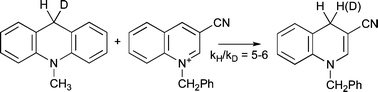 Graphical abstract: Intramolecular kinetic isotope effect in hydride transfer from dihydroacridine to a quinolinium ion. Rejection of a proposed two-step mechanism with a kinetically significant intermediate