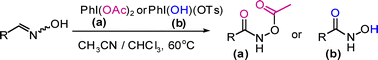 Graphical abstract: Hypervalent iodine(iii)-mediated oxidation of aldoximes to N-acetoxy or N-hydroxy amides