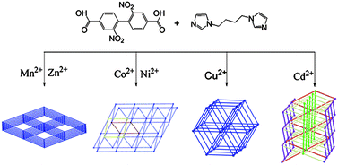 Graphical abstract: Design and construction of coordination polymers by 2,2′-dinitro-4,4′-biphenyldicarboxylate and imidazole-based ligands: diverse structures based on different metal ions