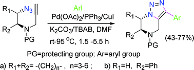 Graphical abstract: A rapid and facile method for the general synthesis of 3-aryl substituted 4,5,6,7-tetrahydro[1,2,3]triazolo[1,5-a]pyrazines and their ring fused analogues
