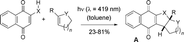 Graphical abstract: Chirogenic [3 + 2]-photocycloaddition reactions of 2-substituted naphthoquinones with cyclic alkenes