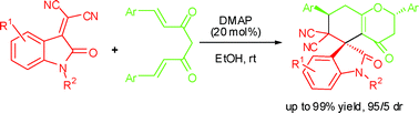 Graphical abstract: Efficient synthesis of multicyclic spirooxindoles via a cascade Michael/Michael/oxa-Michael reaction of curcumins and isatylidene malononitriles