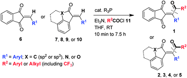Graphical abstract: Direct β-acylation of 2-arylidene-1,3-indandiones with acyl chlorides catalyzed by organophosphanes