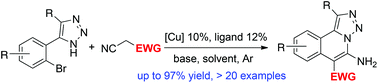 Graphical abstract: A facile synthesis of 5-amino-[1,2,3]triazolo[5,1-a]isoquinoline derivatives through copper-catalyzed cascade reactions