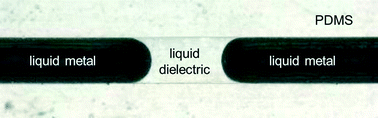 Graphical abstract: Design and characterization of a single channel two-liquid capacitor and its application to hyperelastic strain sensing