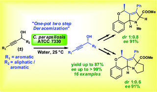 Graphical abstract: Utilization of whole cell mediated deracemization in a chemoenzymatic synthesis of enantiomerically enriched polycyclic chromeno[4,3-b] pyrrolidines