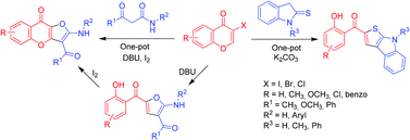 Graphical abstract: Synthesis of functionalized 2-salicyloylfurans, furo[3,2-b]chromen-9-ones and 2-benzoyl-8H-thieno[2,3-b]indoles by one-pot cyclizations of 3-halochromones with β-ketoamides and 1,3-dihydroindole-2-thiones
