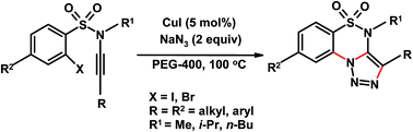 Graphical abstract: A simple copper-catalysed tandem cyclisation of ynamides leading to triazolo-1,2,4-benzothiadiazine-1,1-dioxides in PEG-400 medium