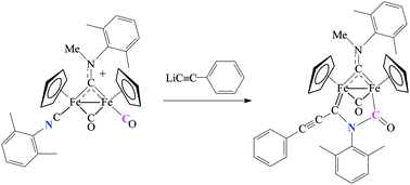 Graphical abstract: Carbon monoxide–isocyanide coupling promoted by acetylide addition to a diiron complex