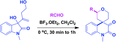 Graphical abstract: Domino Prins/pinacol reaction for the stereoselective synthesis of spiro[pyran-4,4′-quinoline]-2′,3′-dione derivatives