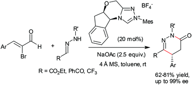 Graphical abstract: N-Heterocyclic carbene-catalyzed [3 + 3] cyclocondensation of bromoenals with hydrazones: highly enantioselective synthesis of dihydropyridazones