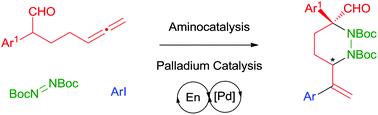 Graphical abstract: Construction of enantioenriched polysubstituted hexahydropyridazines via a sequential multicatalytic process merging palladium catalysis and aminocatalysis