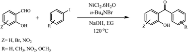 Graphical abstract: First direct access to 2-hydroxybenzophenones via nickel-catalyzed cross-coupling of 2-hydroxybenzaldehydes with aryl iodides