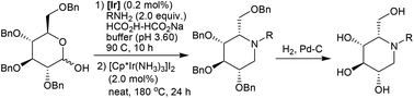 Graphical abstract: Three-step synthesis of l-ido-1-deoxynojirimycin derivatives by reductive amination in water, “borrowing hydrogen” under neat conditions and deprotection