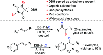 Graphical abstract: 1,3-Dibromo-5,5-dimethylhydantoin (DBH) mediated one-pot syntheses of α-bromo/amino ketones from alkenes in water