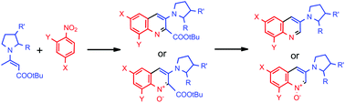 Graphical abstract: Transition-metal-free synthesis of 3-(1-pyrrolidinyl)quinolines and 3-(1-pyrrolidinyl)quinoline 1-oxides via a one-pot reaction of 3-(1-pyrrolidinyl)crotonates with nitrobenzenes