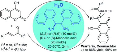 Graphical abstract: Green asymmetric synthesis of Warfarin and Coumachlor in pure water catalyzed by quinoline-derived 1,2-diamines