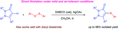 Graphical abstract: DABCO-catalyzed silver-promoted direct thiolation of pyrazolones with diaryl disulfides