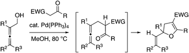 Graphical abstract: Synthesis of multi-substituted dihydrofurans via palladium-catalysed coupling between 2,3-alkadienols and pronucleophiles