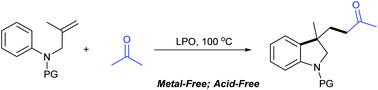 Graphical abstract: Metal-free oxidative radical cascade addition/oxobutylation of unactivated alkenes with acetone towards 3-(3-oxobutyl)indolines