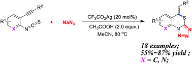 Graphical abstract: A silver(i)-catalyzed cascade bicyclization strategy for synthesis of 5H-benzo[d]tetrazolo[5,1-b][1,3]thiazines