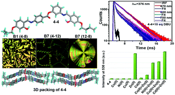 Graphical abstract: Origin of green photoluminescence in four-ring bent-core molecules with ESIPT, selective sensing of zinc ions by turn-on emission and their liquid crystal properties