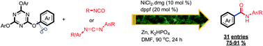 Graphical abstract: Nickel-catalyzed reductive amidation of aryl-triazine ethers