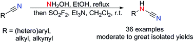 Graphical abstract: A cascade process for directly converting nitriles (RCN) to cyanamides (RNHCN) via SO2F2-activated Tiemann rearrangement