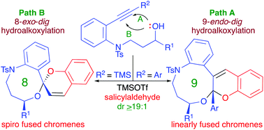 Graphical abstract: Expeditious diastereoselective synthesis of medium ring heterocycle-fused chromenes via tandem 8/9-endo-dig and 8-exo-dig hydroalkoxylation-formal-[4 + 2] cycloaddition
