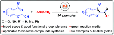 Graphical abstract: Tandem addition/cyclization for synthesis of 2-aroyl benzofurans and 2-aroyl indoles by carbopalladation of nitriles