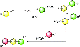 Graphical abstract: A one-pot protocol for the fluorosulfonation and Suzuki coupling of phenols and bromophenols, streamlined access to biaryls and terphenyls